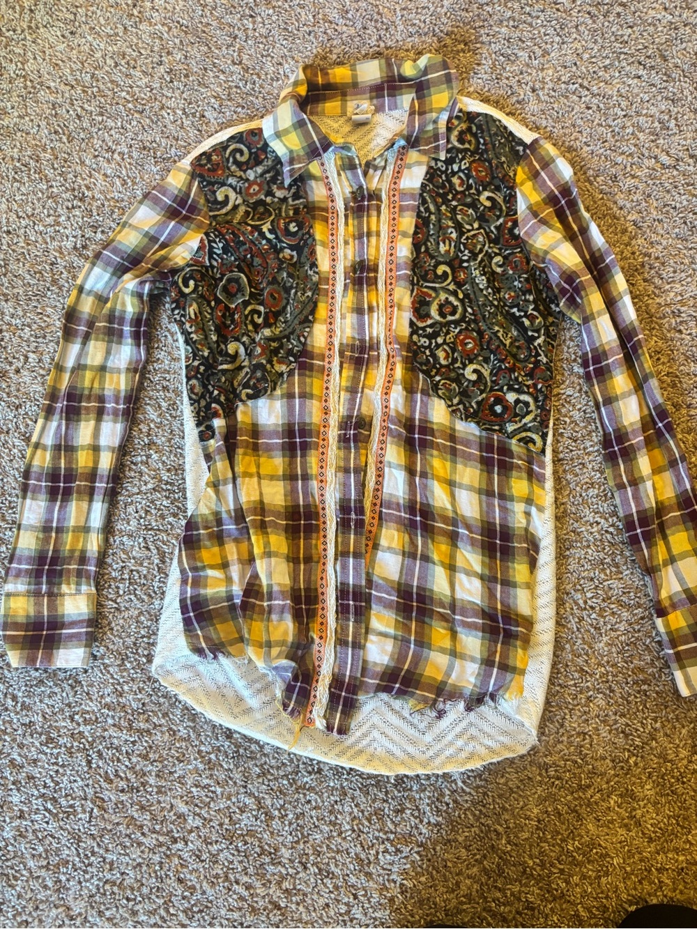 Mixed Plaid & Paisley Button-Up Shirt in Yellow and Purple